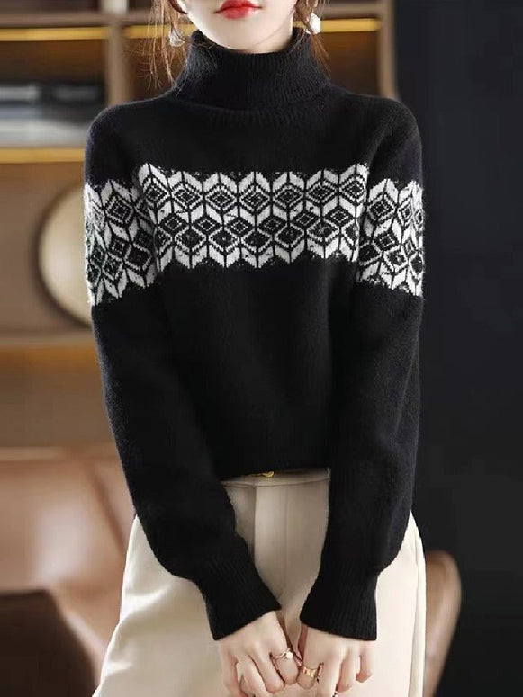 ジャガード柄 ニット レディース タートルネック セーター 長袖 シンプル 上品 きれいめ 暖かい 体型カバー 通勤 通学 カジュアル 秋冬 新作 ID1984