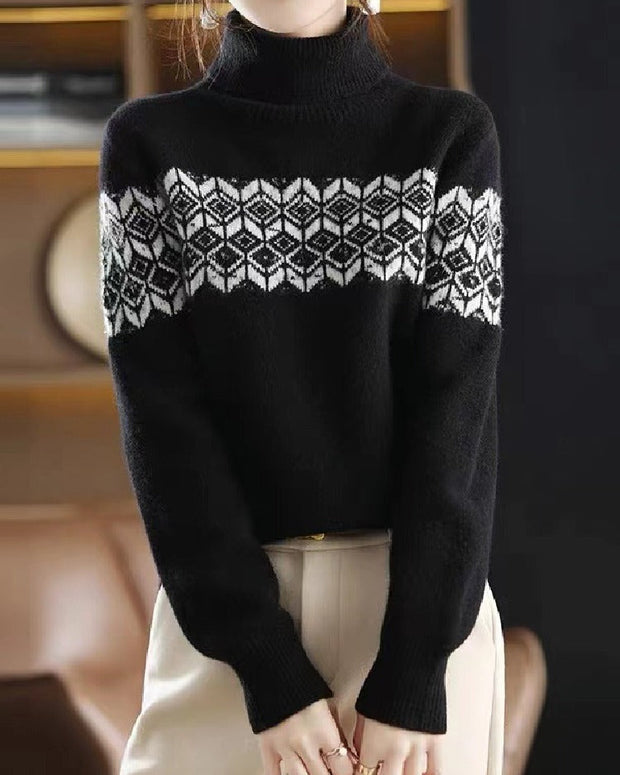 ジャガード柄 ニット レディース タートルネック セーター 長袖 シンプル 上品 きれいめ 暖かい 体型カバー 通勤 通学 カジュアル 秋冬 新作 ID1984
