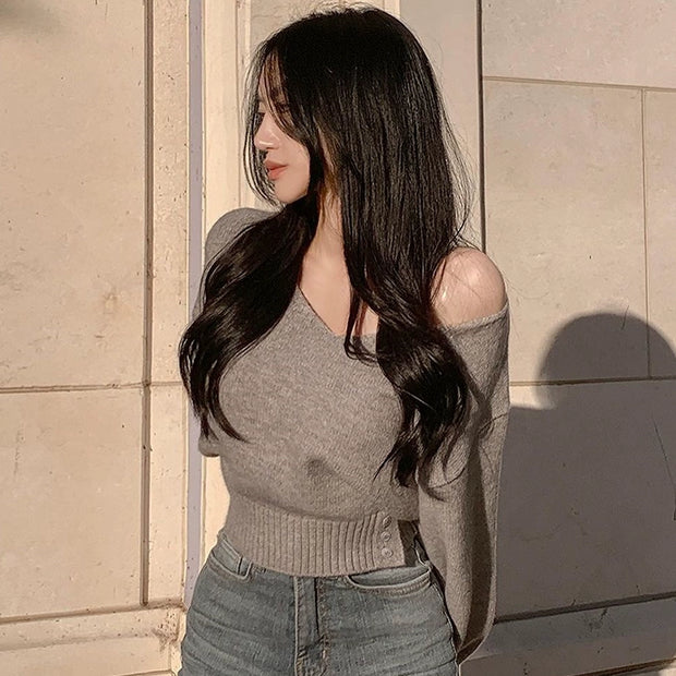 ショート丈 ニット セーター レディース Vネック ウエストリブ 体型カバー おしゃれ 秋冬 インナー トップス ID2197