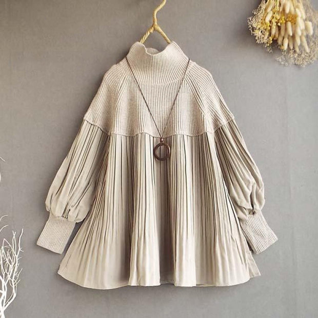 ニットブラウス レディース プリーツ デザイン ハイネック ランタンスリーブ ゆったり シンプル 上品 きれいめ 体型カバー 秋冬 新作 トップス ID1890