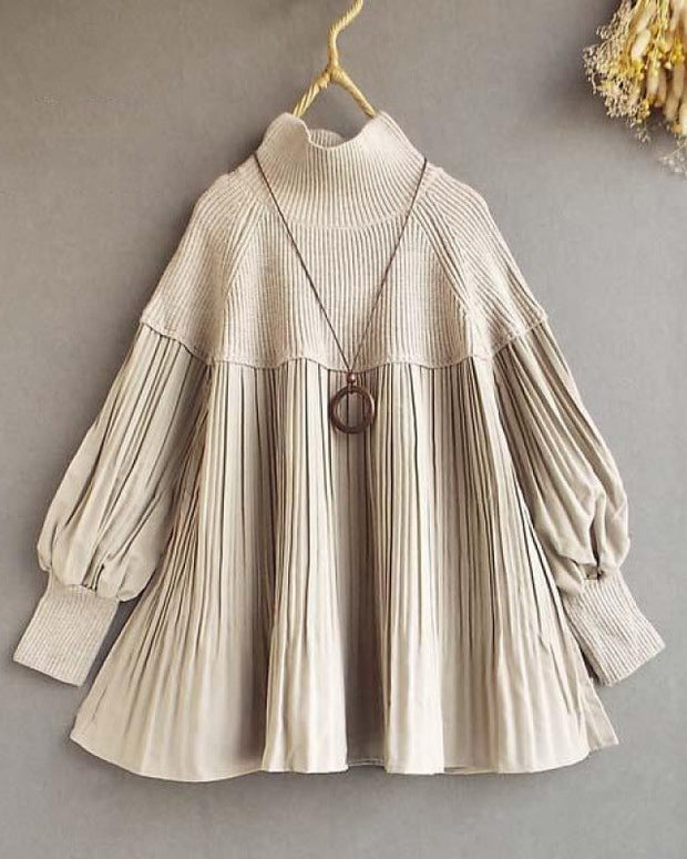 ニットブラウス レディース プリーツ デザイン ハイネック ランタンスリーブ ゆったり シンプル 上品 きれいめ 体型カバー 秋冬 新作 トップス ID1890