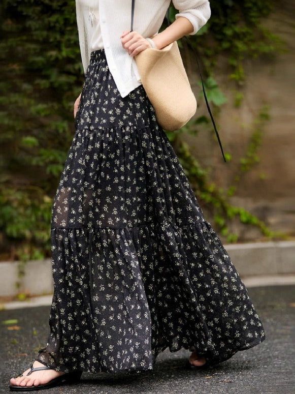 花柄 フレアスカート ロング 総花柄 涼しい シフォンスカート ふわふわ ロングスカート レディース 総柄 マキシ丈 低身長 ふんわり ウエストゴム ID1174