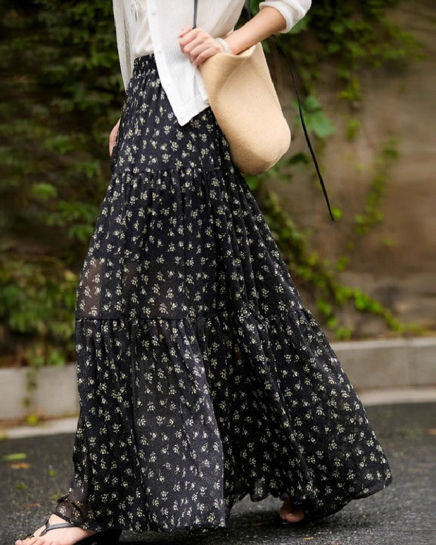 花柄 フレアスカート ロング 総花柄 涼しい シフォンスカート ふわふわ ロングスカート レディース 総柄 マキシ丈 低身長 ふんわり ウエストゴム ID1174