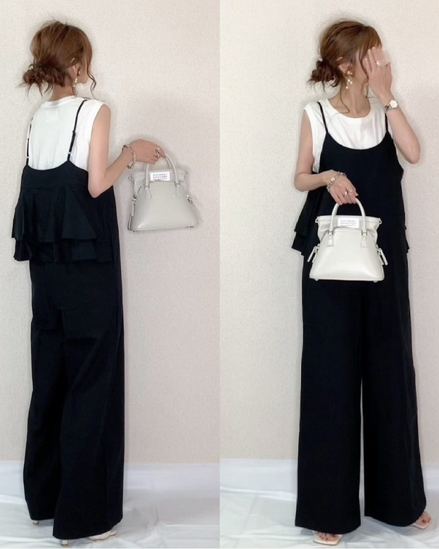 着痩せ確約！サロペット フリル切り替え×ワイドパンツ風 ゆったり体型カバー シンプルなのに大人可愛い 春夏カジュアルコーデの決定版 ID434