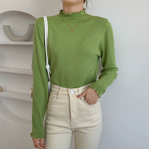 リブ カットソー レディース 長袖 メロウフリル ハイネック インナー 重ね着 無地 伸縮性 秋冬 きれいめ ID2193