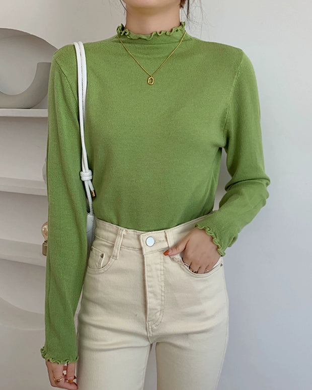 リブ カットソー レディース 長袖 メロウフリル ハイネック インナー 重ね着 無地 伸縮性 秋冬 きれいめ ID2193