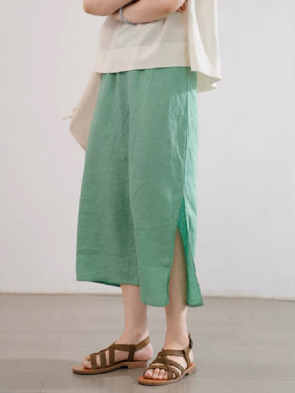 スリット入り コットンリネン スカート レディース ミモレ丈 ウエストゴム ナチュラルスタイル シンプルデザイン 涼しげ素材 ID1045
