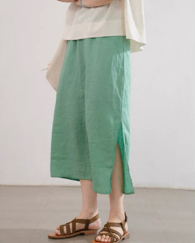 スリット入り コットンリネン スカート レディース ミモレ丈 ウエストゴム ナチュラルスタイル シンプルデザイン 涼しげ素材 ID1045