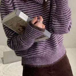 ボーダー タートルネック ニット レディース ゆったり ルーズフィット 長袖 暖かい 柔らかい 体型カバー レトロ カジュアル 秋冬 新作 ID2124