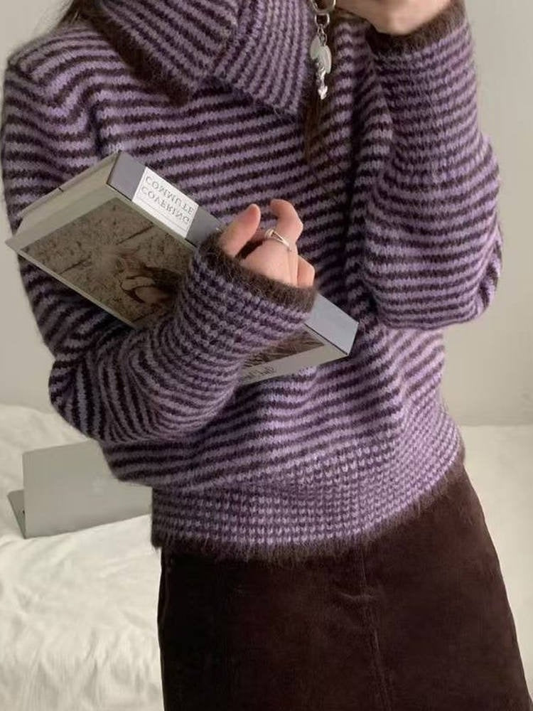 ボーダー タートルネック ニット レディース ゆったり ルーズフィット 長袖 暖かい 柔らかい 体型カバー レトロ カジュアル 秋冬 新作 ID2124