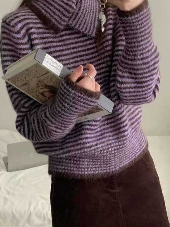 ボーダー タートルネック ニット レディース ゆったり ルーズフィット 長袖 暖かい 柔らかい 体型カバー レトロ カジュアル 秋冬 新作 ID2124
