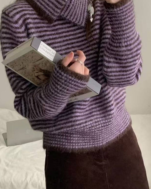 ボーダー タートルネック ニット レディース ゆったり ルーズフィット 長袖 暖かい 柔らかい 体型カバー レトロ カジュアル 秋冬 新作 ID2124