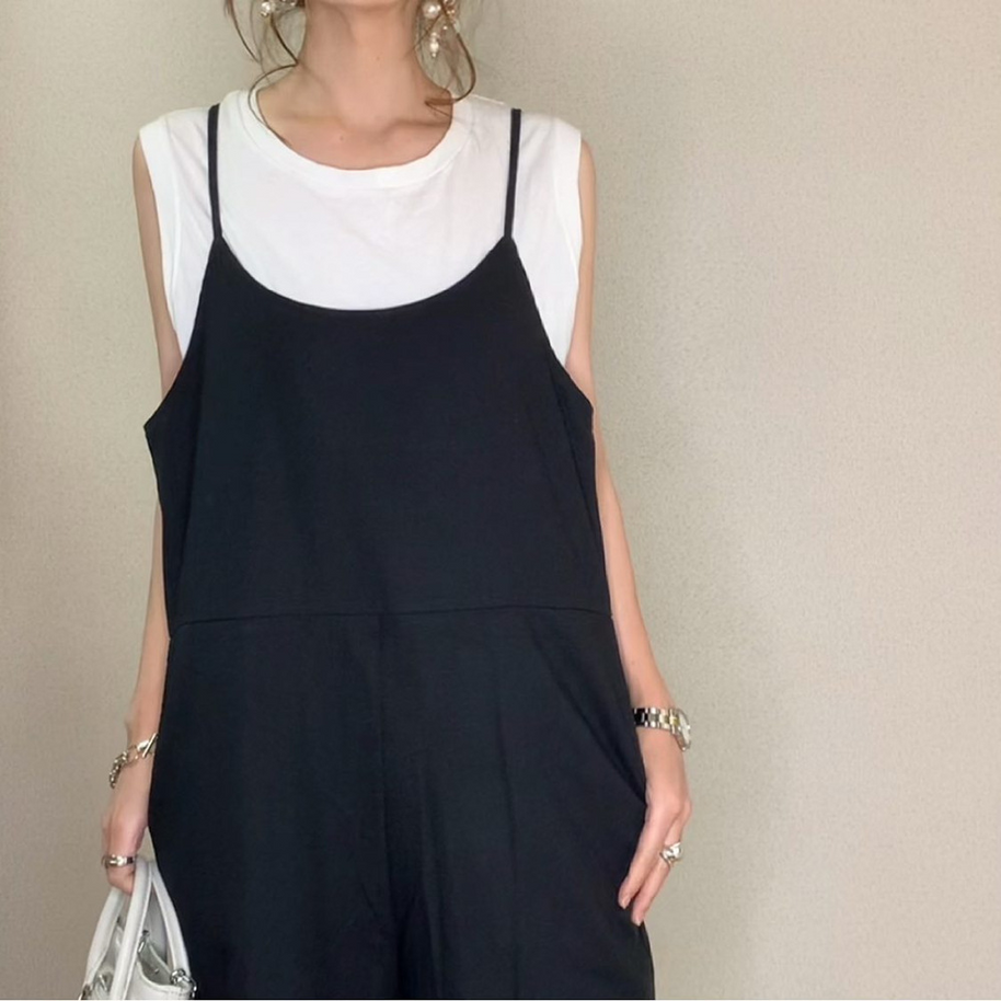 着痩せ確約！サロペット フリル切り替え×ワイドパンツ風 ゆったり体型カバー シンプルなのに大人可愛い 春夏カジュアルコーデの決定版 ID434