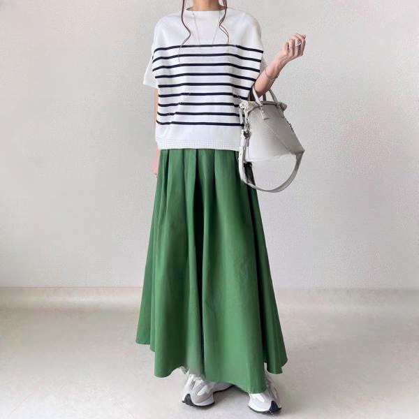 【夏の定番】ボーダー柄ノースリーブニット×リネン風スカート 涼感セットアップ テンセル混でさらさら きれいめ夏コーデ ID413