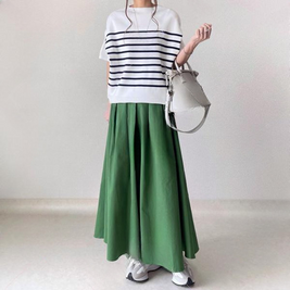 【夏の定番】ボーダー柄ノースリーブニット×リネン風スカート 涼感セットアップ テンセル混でさらさら きれいめ夏コーデ ID413