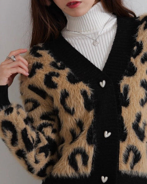 レオパード柄 ニットカーディガン レディース シャギー調 ふわふわ 長袖 Vネック ハートボタン 大人可愛い フェミニン トレンド おしゃれ 秋冬 新作 ID2001