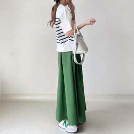 【夏の定番】ボーダー柄ノースリーブニット×リネン風スカート 涼感セットアップ テンセル混でさらさら きれいめ夏コーデ ID413