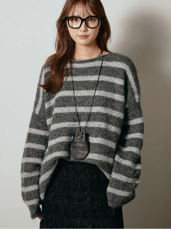 ボーダー ニット レディース 長袖 ふわふわ ゆったり シンプル カジュアル 体型カバー 大人可愛い 秋冬 新作 ID2074