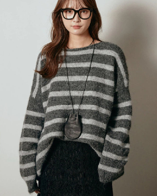 ボーダー ニット レディース 長袖 ふわふわ ゆったり シンプル カジュアル 体型カバー 大人可愛い 秋冬 新作 ID2074