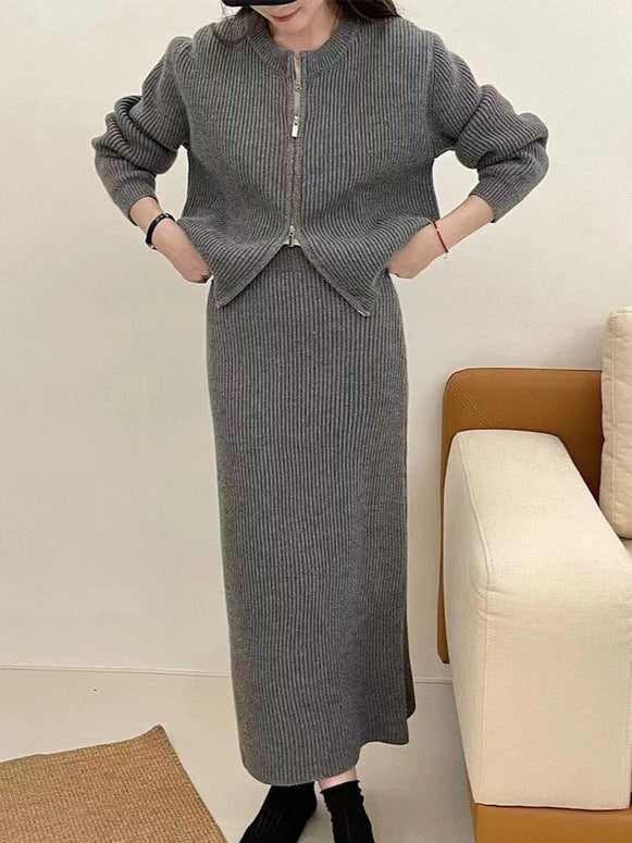 ニットセットアップ レディース 2点セット ジップアップ カーディガン + ロングスカート リブ編み シンプル 無地 上下セット 体型カバー 大人可愛い カジュアル 通勤 通学 お出かけ 秋冬コーデ 韓国風 ファッション ID1670