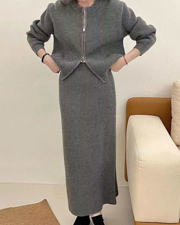 ニットセットアップ レディース 2点セット ジップアップ カーディガン + ロングスカート リブ編み シンプル 無地 上下セット 体型カバー 大人可愛い カジュアル 通勤 通学 お出かけ 秋冬コーデ 韓国風 ファッション ID1670