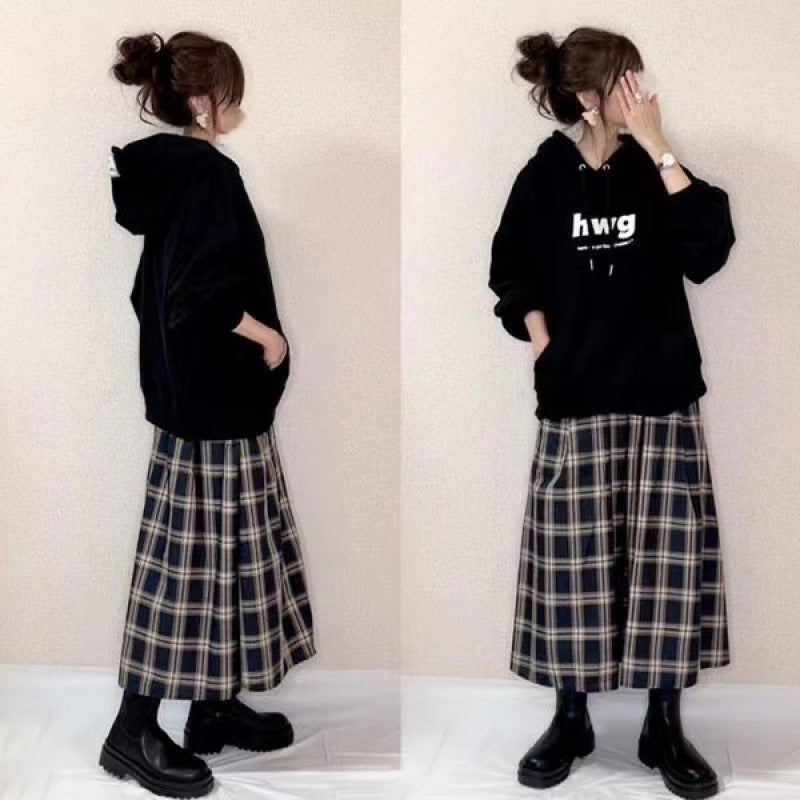 【2点セット】パーカー+スカート セットアップ チェック柄 アルファベット トップス レディース カジュアル ファッション ID1680