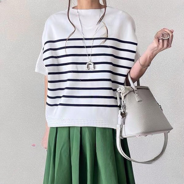 【夏の定番】ボーダー柄ノースリーブニット×リネン風スカート 涼感セットアップ テンセル混でさらさら きれいめ夏コーデ ID413