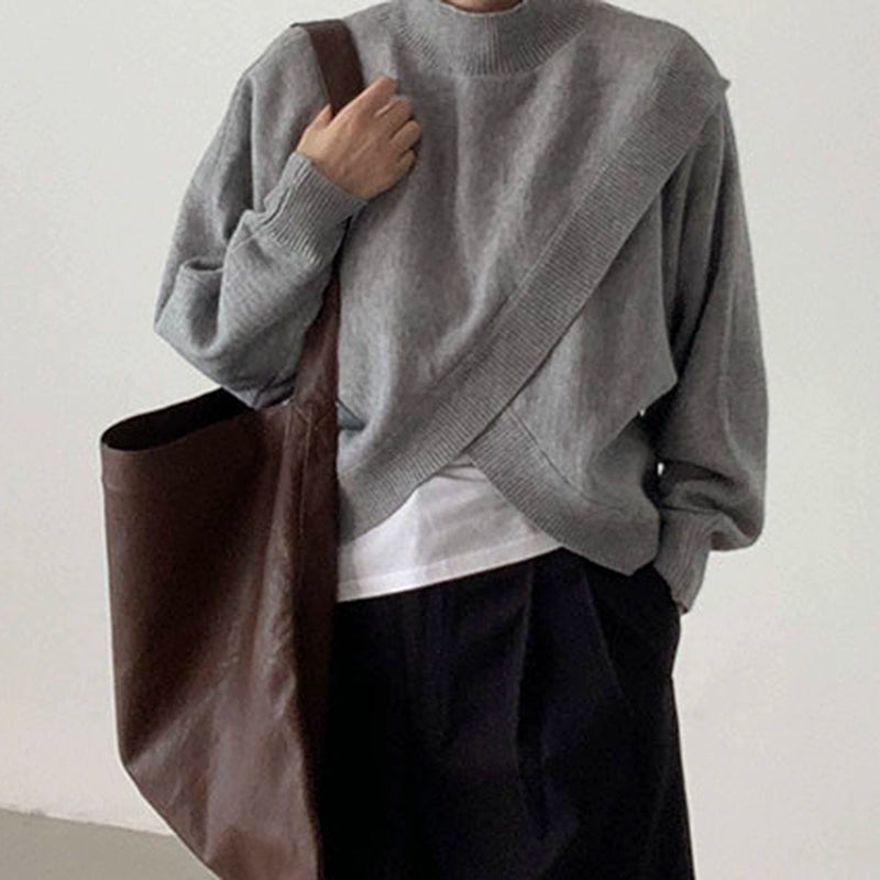 重ね着風 デザインニット プルオーバー ハイネック ゆったり シンプル カジュアル おしゃれ 秋冬 トップス レディース ID2269