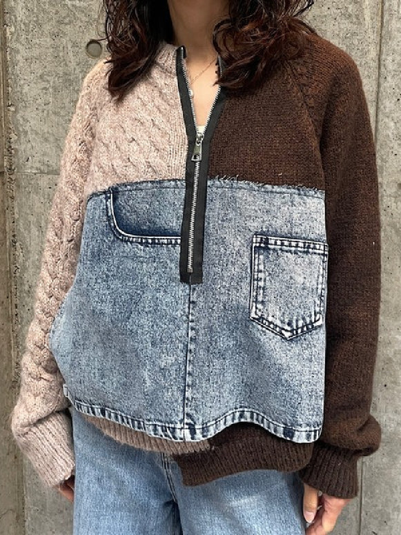 異素材 ミックス デザイン 配色 ニット レディース 個性 カジュアル ゆったり ラウンドネック 長袖 トップス 秋冬 新作 ID2243