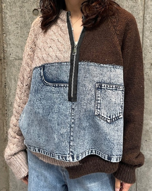 異素材 ミックス デザイン 配色 ニット レディース 個性 カジュアル ゆったり ラウンドネック 長袖 トップス 秋冬 新作 ID2243