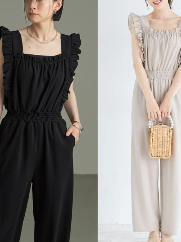 フェミニン フリルデザイン スリムシルエット リネンコットン ルーズ ロングジャンプスーツ レディース 何にでも合うキュート 夏  ID965