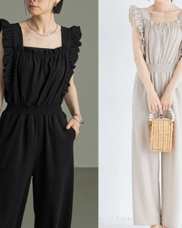 フェミニン フリルデザイン スリムシルエット リネンコットン ルーズ ロングジャンプスーツ レディース 何にでも合うキュート 夏  ID965