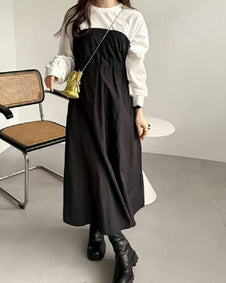 異素材切替 ワンピース レディース 長袖 ボーダー柄 ウエスト絞り ロング丈 ゆったり 体型カバー カジュアル おしゃれ 大人可愛い モードスタイル 秋冬新作 ID1832