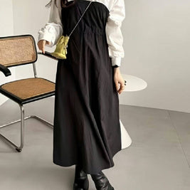 異素材切替 ワンピース レディース 長袖 ボーダー柄 ウエスト絞り ロング丈 ゆったり 体型カバー カジュアル おしゃれ 大人可愛い モードスタイル 秋冬新作 ID1832