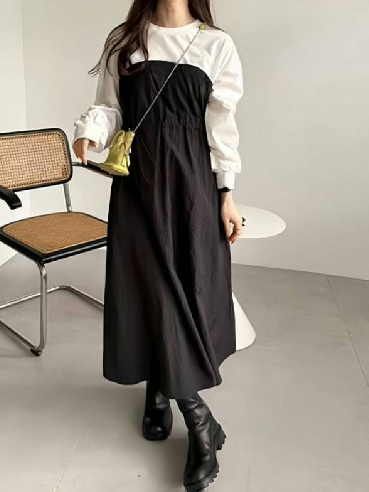 異素材切替 ワンピース レディース 長袖 ボーダー柄 ウエスト絞り ロング丈 ゆったり 体型カバー カジュアル おしゃれ 大人可愛い モードスタイル 秋冬新作 ID1832