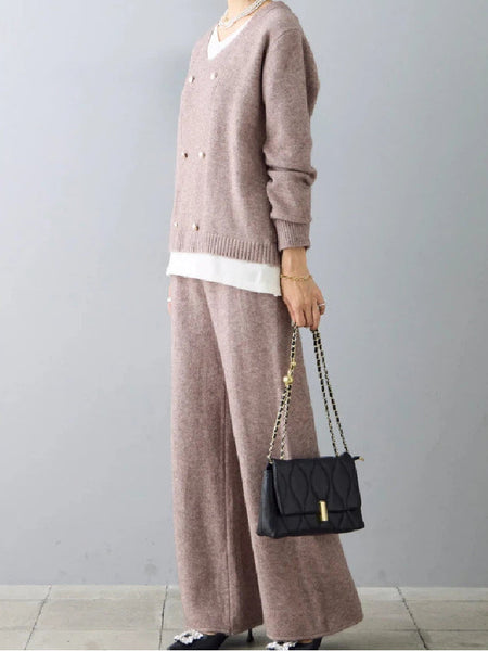 2点セット ニット セットアップ レディース Vネック トップス + ワイドパンツ パールボタン おしゃれ きれいめ 上下セット ゆったり 体型カバー 大人可愛い 通勤 オフィスカジュアル 秋冬 新作 ID1999