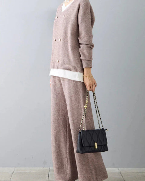 2点セット ニット セットアップ レディース Vネック トップス + ワイドパンツ パールボタン おしゃれ きれいめ 上下セット ゆったり 体型カバー 大人可愛い 通勤 オフィスカジュアル 秋冬 新作 ID1999