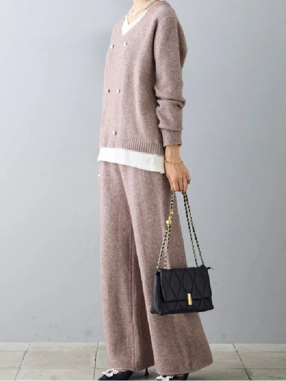 2点セット ニット セットアップ レディース Vネック トップス + ワイドパンツ パールボタン おしゃれ きれいめ 上下セット ゆったり 体型カバー 大人可愛い 通勤 オフィスカジュアル 秋冬 新作 ID1999