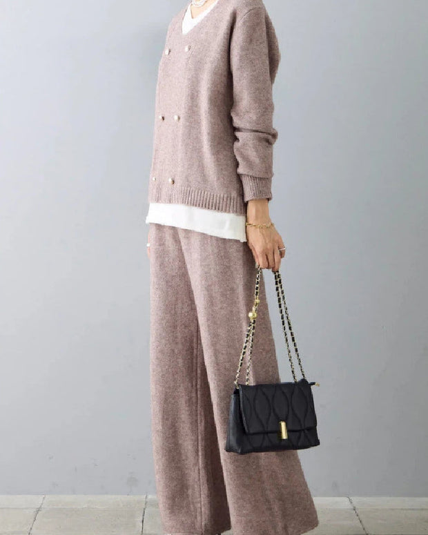 2点セット ニット セットアップ レディース Vネック トップス + ワイドパンツ パールボタン おしゃれ きれいめ 上下セット ゆったり 体型カバー 大人可愛い 通勤 オフィスカジュアル 秋冬 新作 ID1999