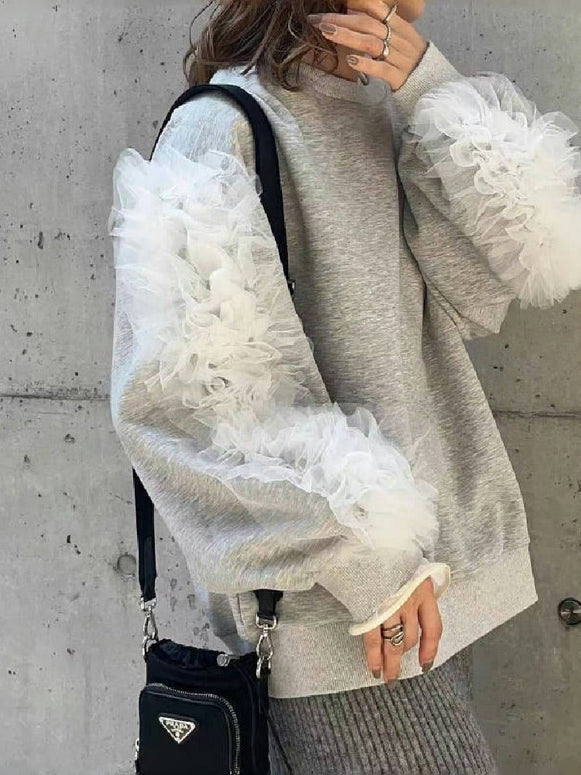 3色展開 スウェット レース 秋冬 異素材切り替えパーカー ドッキング 大人可愛い 上品 カジュアル  可愛い 女性らしい 韓国風 30代 40代 50代 ID1851