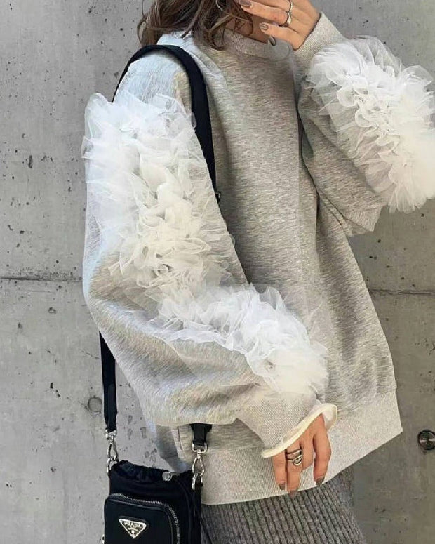 3色展開 スウェット レース 秋冬 異素材切り替えパーカー ドッキング 大人可愛い 上品 カジュアル  可愛い 女性らしい 韓国風 30代 40代 50代 ID1851