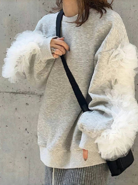 3色展開 スウェット レース 秋冬 異素材切り替えパーカー ドッキング 大人可愛い 上品 カジュアル  可愛い 女性らしい 韓国風 30代 40代 50代 ID1851