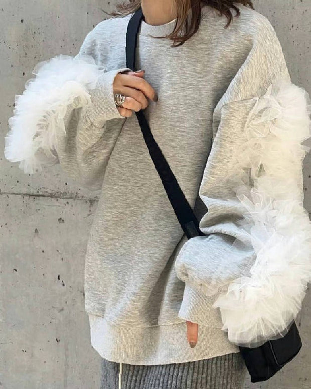 3色展開 スウェット レース 秋冬 異素材切り替えパーカー ドッキング 大人可愛い 上品 カジュアル  可愛い 女性らしい 韓国風 30代 40代 50代 ID1851