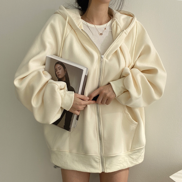 フード付き ジップパーカー レディース バルーンスリーブ オーバーサイズ 裏起毛 秋冬 アウター カジュアル ID2198
