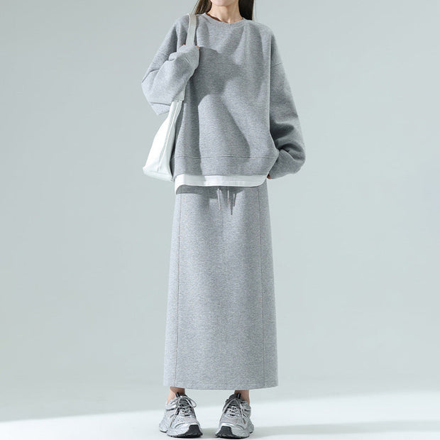 単品購入可！2点セット スウェット セットアップ レディース スカート付き トップス + ロングスカート 春秋 クルーネック 偽レイヤード風 カジュアル ゆったり 体型カバー ID1811