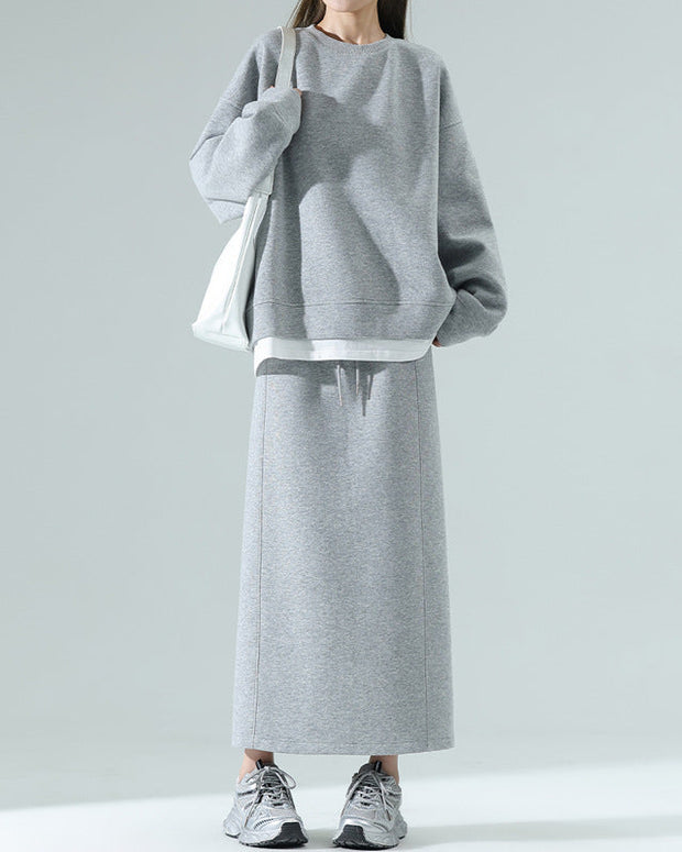 単品購入可！2点セット スウェット セットアップ レディース スカート付き トップス + ロングスカート 春秋 クルーネック 偽レイヤード風 カジュアル ゆったり 体型カバー ID1811