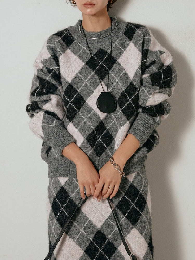 アーガイル柄 ニットセットアップ レディース 長袖 プルオーバー ニットトップス＋ロングスカート 2点セット 体型カバー 大人カジュアル 上品 きれいめ 秋冬 新作 ID2011