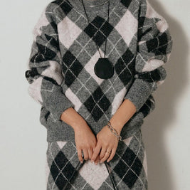 アーガイル柄 ニットセットアップ レディース 長袖 プルオーバー ニットトップス＋ロングスカート 2点セット 体型カバー 大人カジュアル 上品 きれいめ 秋冬 新作 ID2011