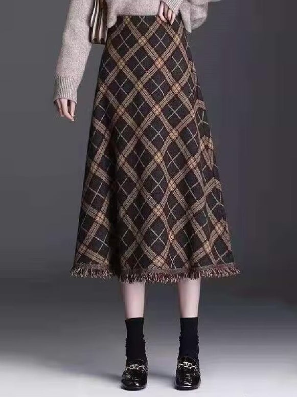 フリンジ 秋冬 厚手 レトロ チェック Aライン ハイウエスト スリム フレア スカート 上品 レディース おしゃれ 保温 快適 着心地 大人 女性 エレガント  ID2054