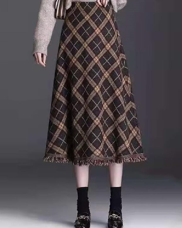 フリンジ 秋冬 厚手 レトロ チェック Aライン ハイウエスト スリム フレア スカート 上品 レディース おしゃれ 保温 快適 着心地 大人 女性 エレガント  ID2054